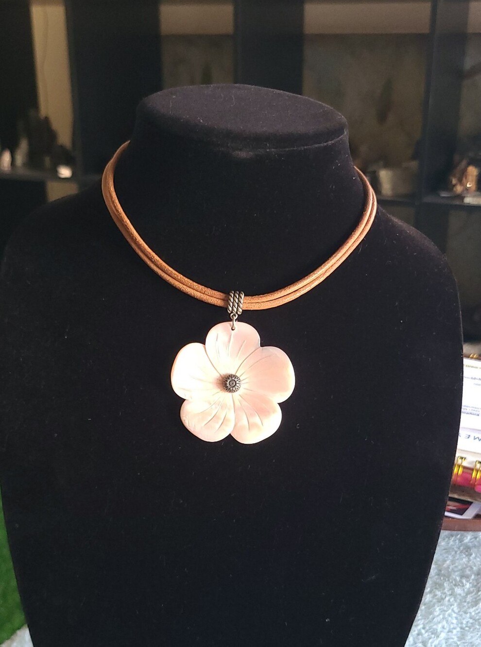Pink Mother Of Pearl Flower Pendant Necklace on Brown Leather Cord